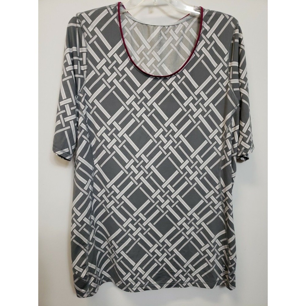 Land's End  Tunic Lg Scoopneck Short Sleeve Gray & white thatch print stretch